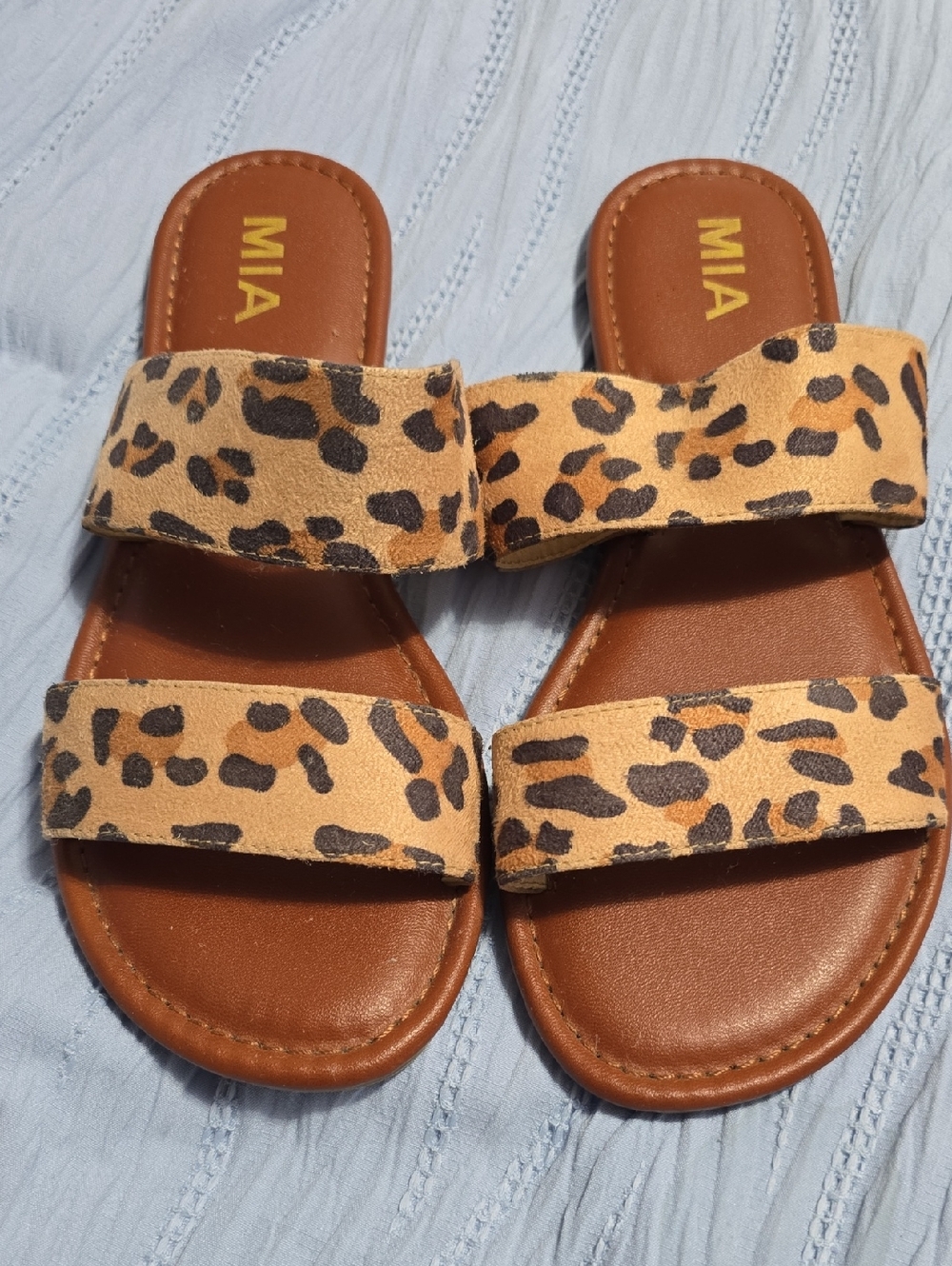 MIA Leopard-Print Double Strap Slides - Brown/Tan